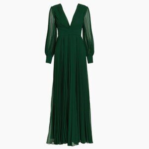 Badgley Mischka  Green Pleated V-Neck Gown